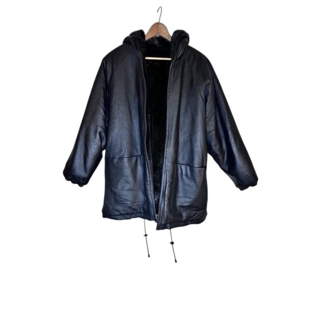 Vintage RZR Leather Faux Fur Reversible Hooded Jacket Women's Size Medium